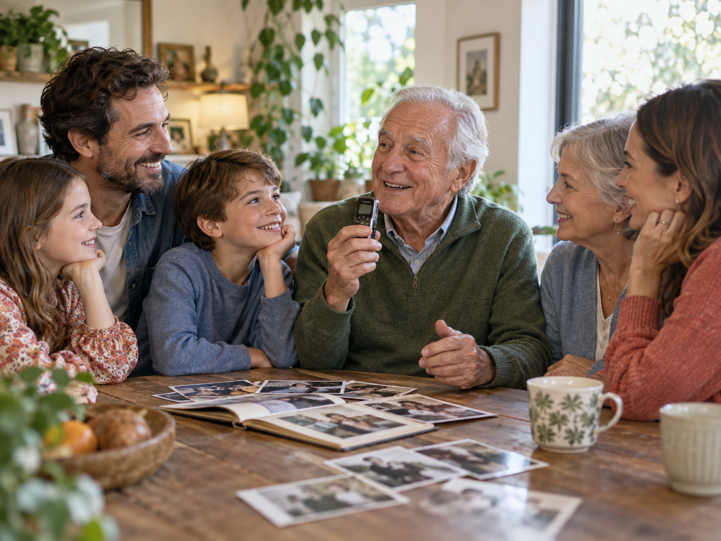A happy multigenerational family recording and preserving a grandfather's story