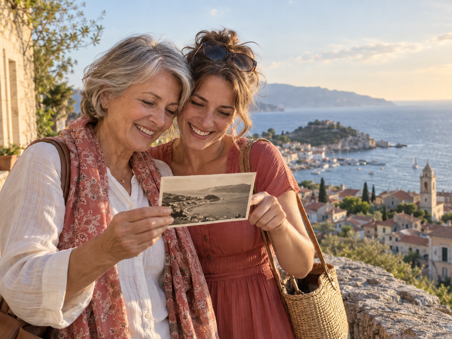 A mother and daughter happily recognizing a coastal place from an old photograph