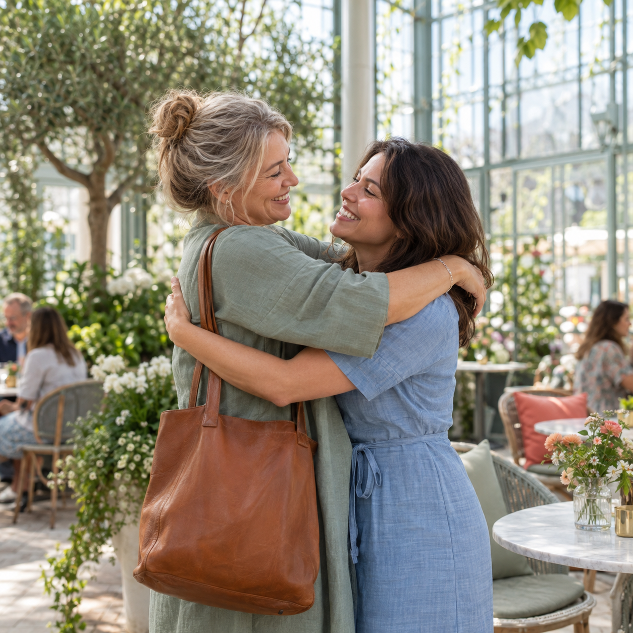 Two women sharing a joyful, consensual reunion in a welcoming public space